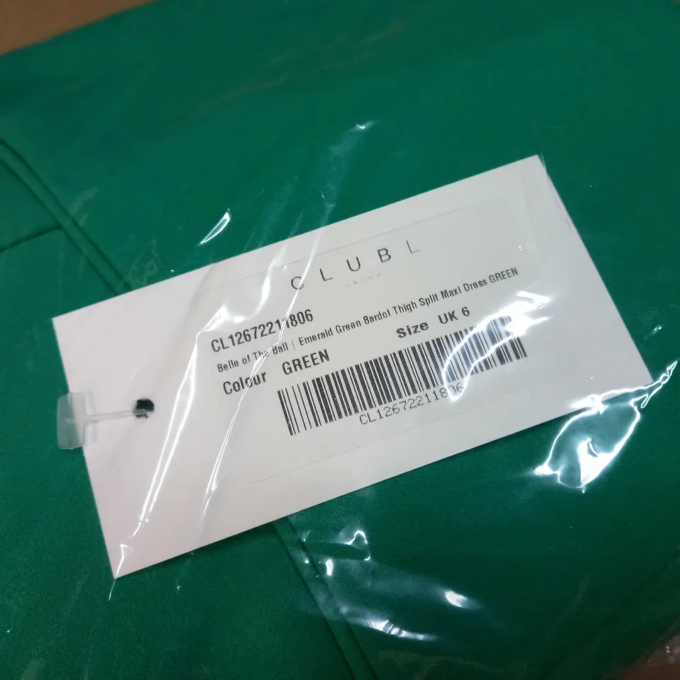 PACKAGED CLUB L EMERALD GREEN BARDOT THIGH SPLIT MAXI DRESS - SIZE 6
