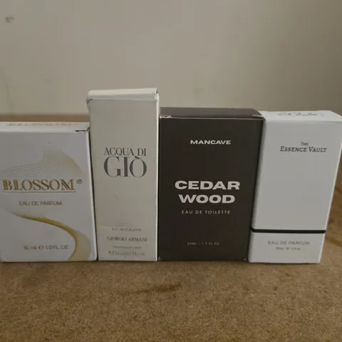 LOT OF 4 ASSORTED BOXED PERFUMES TO INCLUDE ACQUA DI GIO 15ML AND ESSENCE VAULT 30ML
