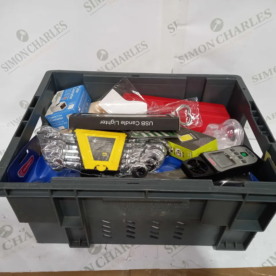 BOX TO CONTAIN APPROX 25 X ASSORTED HOUSEHOLD PRODUCTS, INCLUDES WRENCH, DIY TOOLS, USB CANDLE LIGHTER ETC 