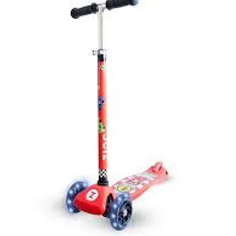 BOXED AND SEALED ZINC THREE WHEELED LIGHT UP EXPLORER SCOOTER - RACING CAR