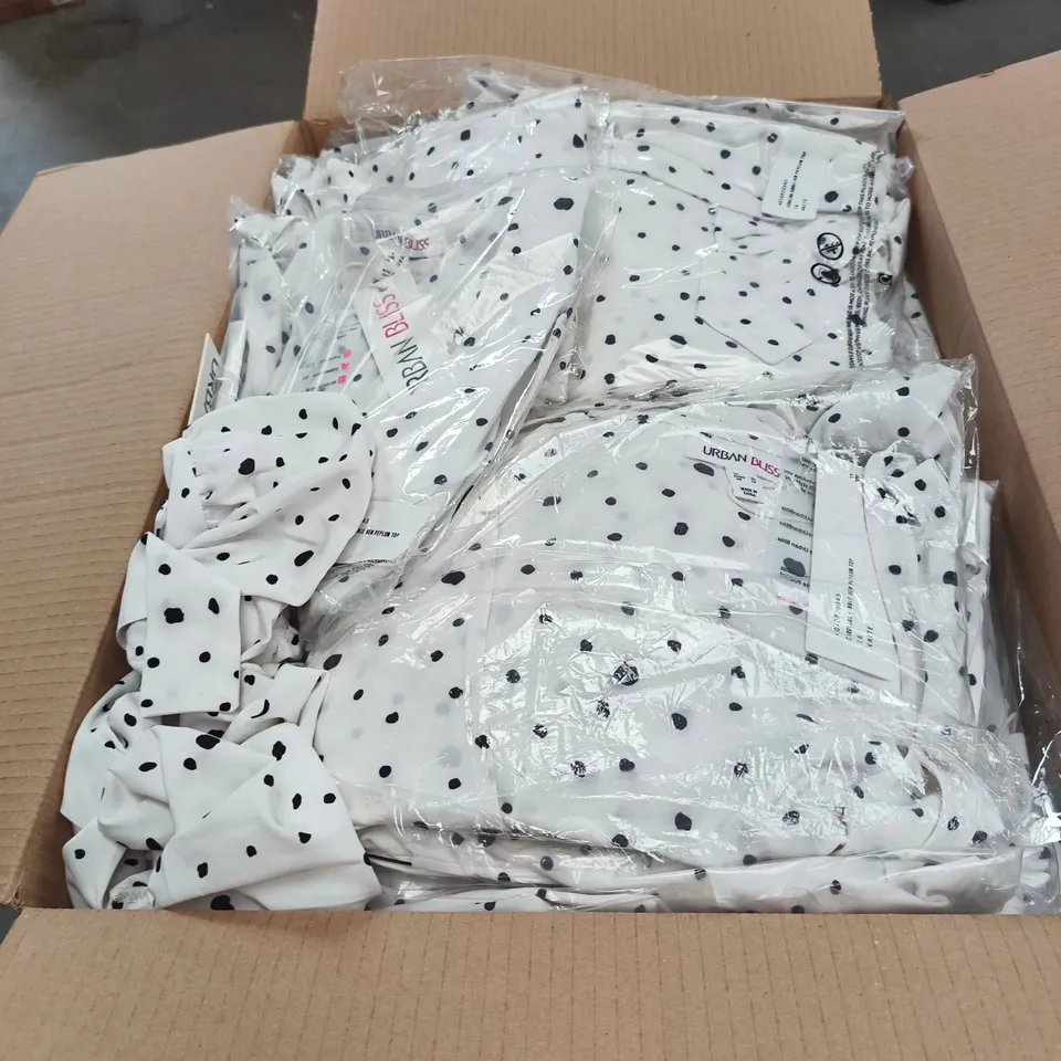 BOX OF APPROXIMATELY 90 URBAN BLISS WOMEN'S WHITE POLKA DOT WRAP BLOUSE - SIZES 8 / 10 /12 / 14 / 16 