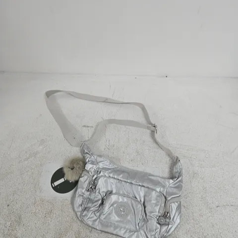 KIPLING CROSSBODY BAG – METALLIC SILVER NYLON WITH FUR POM-POM