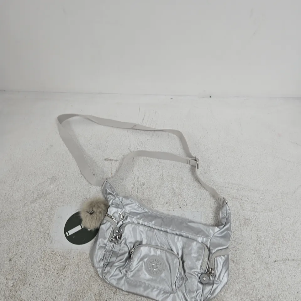 KIPLING CROSSBODY BAG – METALLIC SILVER NYLON WITH FUR POM-POM