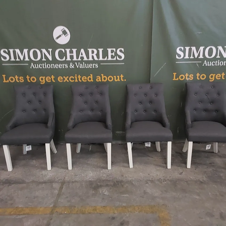 SET OF 4 DUKE SLATE FABRIC BUTTON BACK DINING CHAIRS WITH WHITE LEGS 