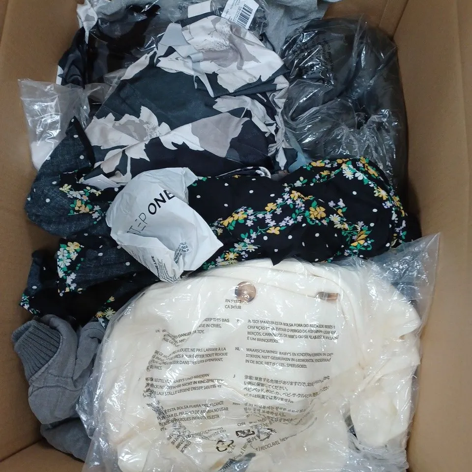 LARGE BOX OF ASSORTED CLOTHING ITEMS IN VARIOUS COLOURS AND SIZES INCLUDING TROUSERS , TOPS AND JUMPERS 