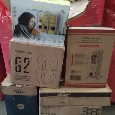 PALLET CONTAINING VARIOUS ASSORTED BOXED HOUSEHOLD ITEMS TO INCLUDE: ARMREST CHAIR, CEILING FAN, AIR PURIFIER, UNDER SINK WATER FILTRATION SYSTEM HEATED BLANKET AND LOTS MORE UNMARKED BOXED ITEMS 