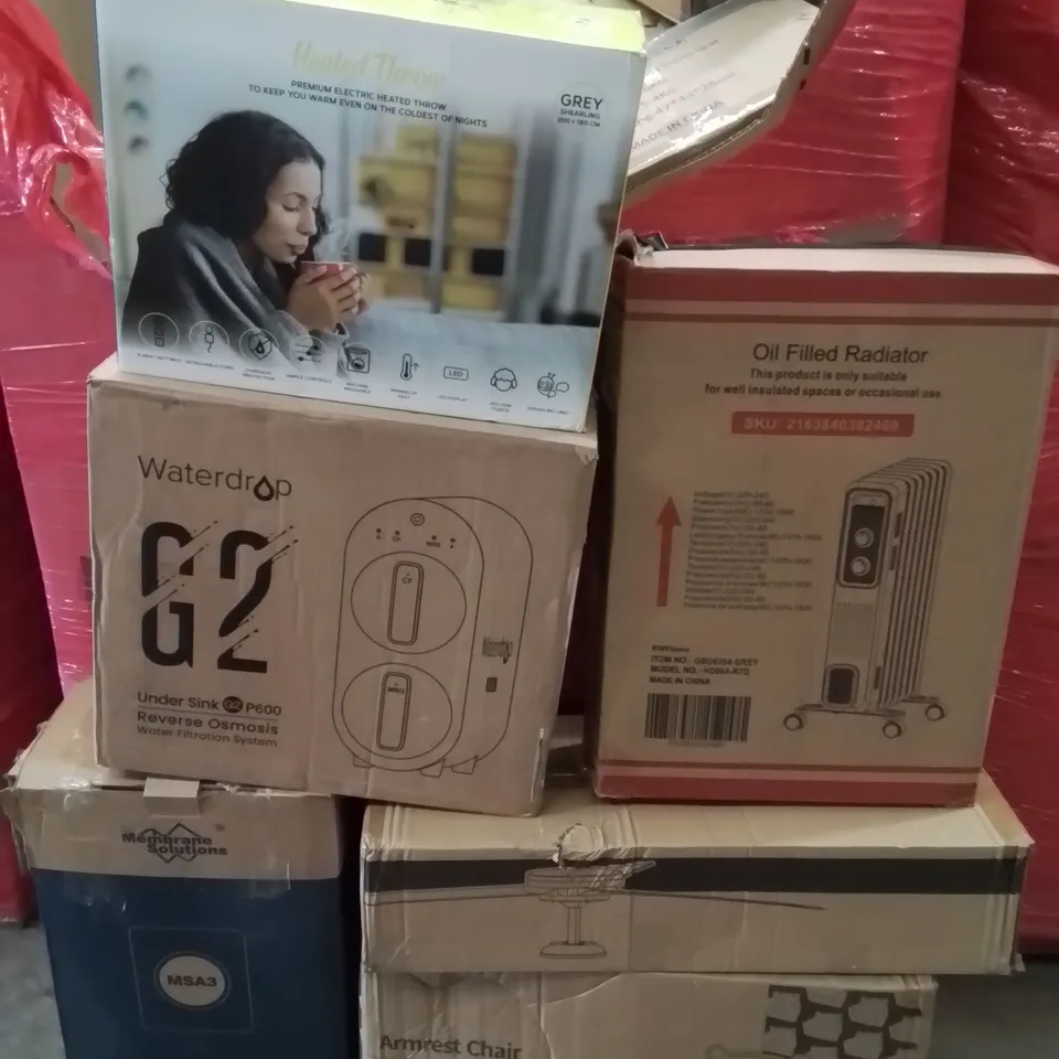 PALLET CONTAINING VARIOUS ASSORTED BOXED HOUSEHOLD ITEMS TO INCLUDE: ARMREST CHAIR, CEILING FAN, AIR PURIFIER, UNDER SINK WATER FILTRATION SYSTEM HEATED BLANKET AND LOTS MORE UNMARKED BOXED ITEMS 