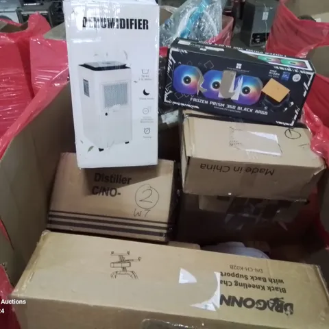 PALLET CONTAINING VARIOUS ITEMS TO INCLUDE KNEELING CHAIR, CPU LIQUID COOLER, DEHUMIDIFIER ETC.