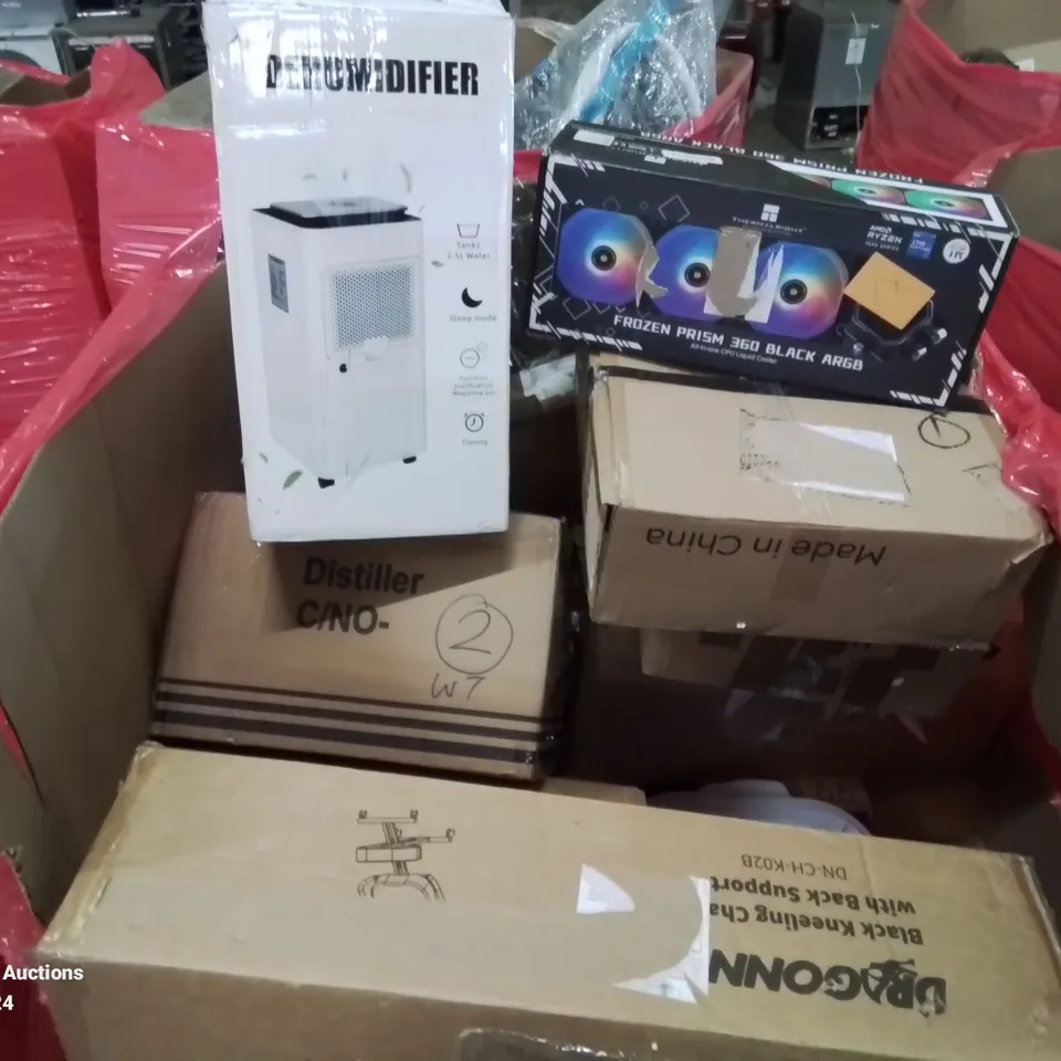 PALLET CONTAINING VARIOUS ITEMS TO INCLUDE KNEELING CHAIR, CPU LIQUID COOLER, DEHUMIDIFIER ETC.