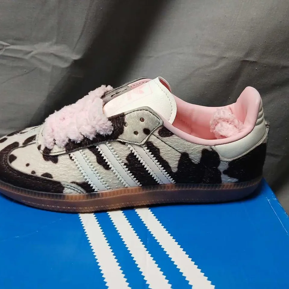 ADIDAS SAMBA OG KID'S SNEAKERS - WHITE/BLACK COW PRINT, PINK LINING, VELCRO STRAPS, UK 4