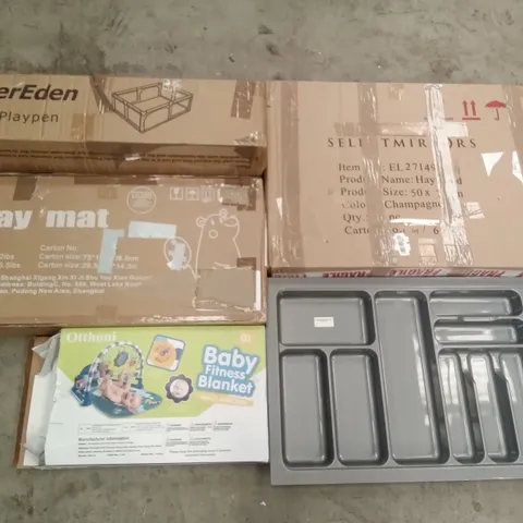 PALLET OF ASSORTED ITEMS INCLUDING BABYS PLAYPEN, SELECTMIRRORS HAYWOOD, LARGE CUTLERY ORGANISER, BABY FITNESS BLANKET, KIDS PLAY MAT, FLIGHT KNIGHT SUITCASE