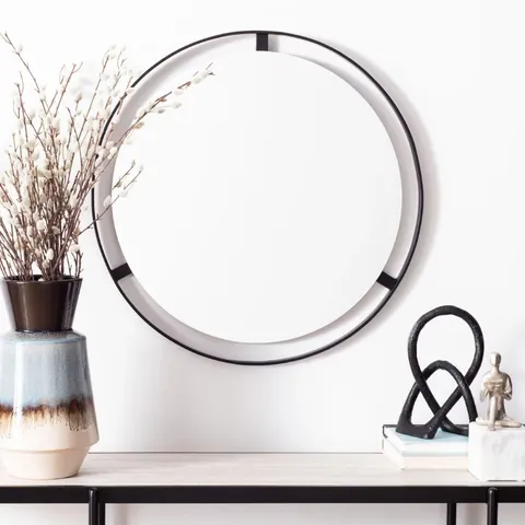 BOXED BRUNT ROUND METAL FRAMED WALL MOUNTED ACCENT MIRROR IN BLACK 