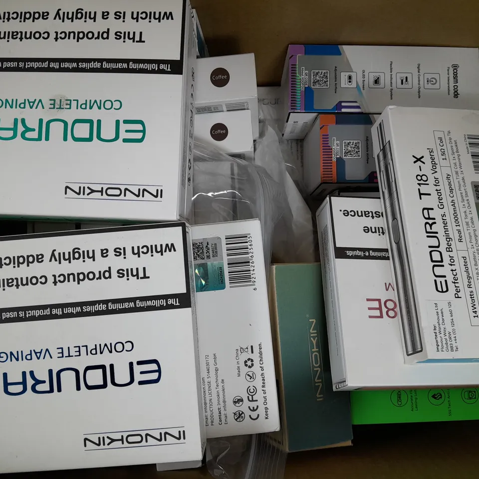 BOX OF APPROXIMATELY 20 ASSORTED E-CIGARETTE/VAPING PRODUCTS - MAKES, MODELS, COLOURS, AND STYLES VARY - COLLECTION ONLY