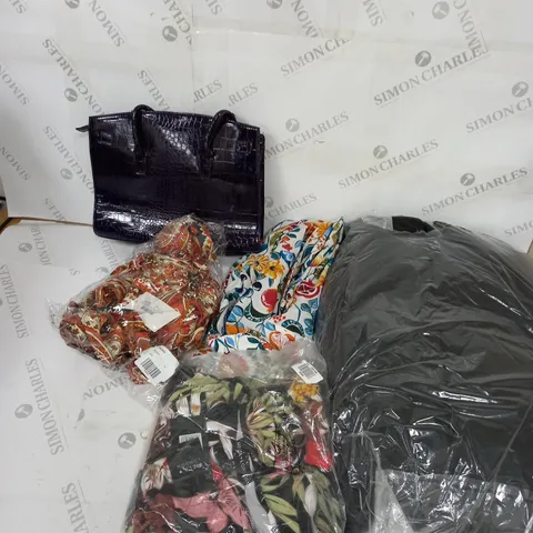 LARGE BOX OF ASSORTED CLOTHING ITEMS IN VARIOUS COLOURS AND SIZES INCLUDING TROUSERS , TOPS AND JUMPERS