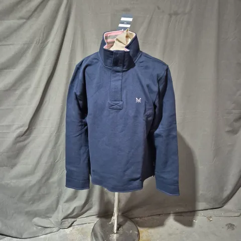 CREW CLOTHING COMPANY NAVY JACKET, SIZE S, PINK INTERIOR – LOGO CHEST