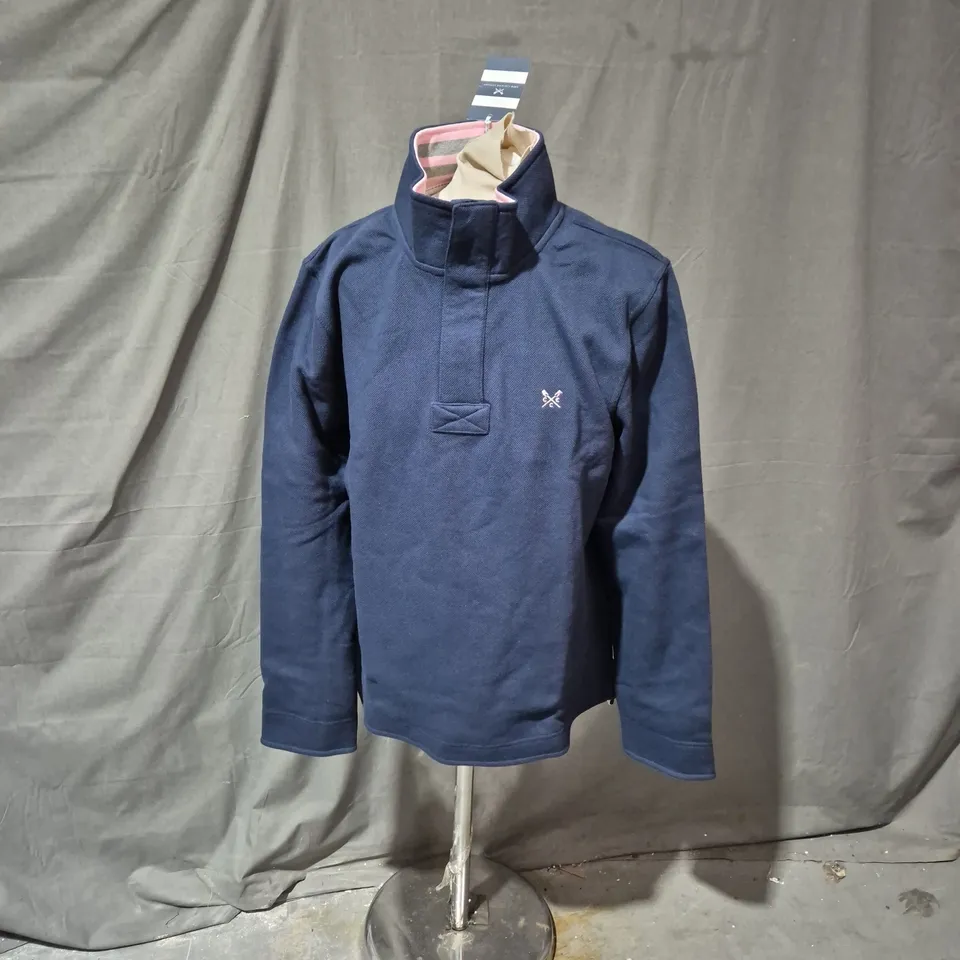 CREW CLOTHING COMPANY NAVY JACKET, SIZE S, PINK INTERIOR – LOGO CHEST