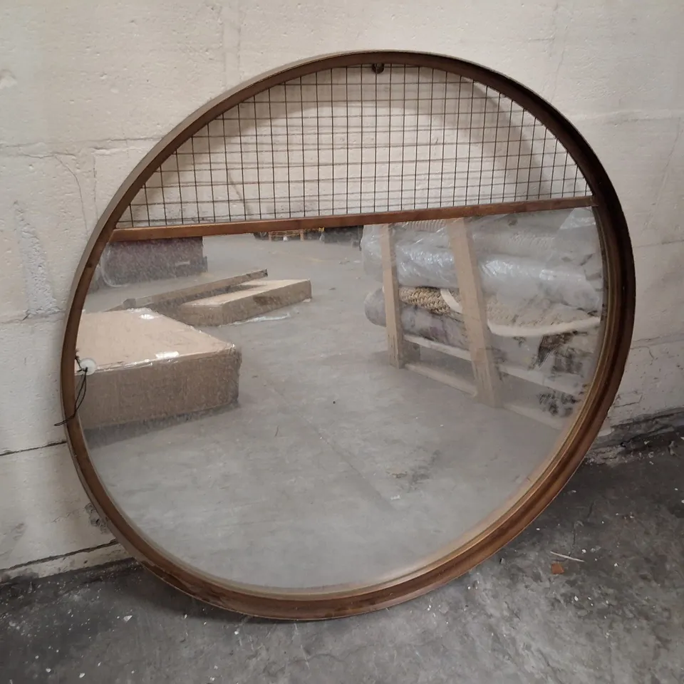 INDUSTRIAL GRID LARGE ROUND ANTIQUE GOLD BRONZE WALL MIRROR 84CM
