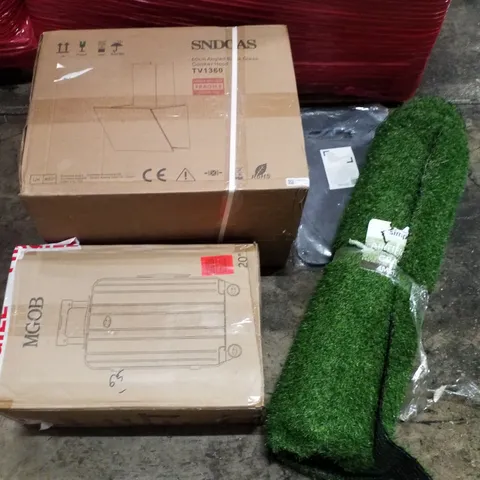 PALLET CONTAINING ASSORTED PRODUCTS INCLUDING COOKER HOOD, CARRY ON SUITCASE, ARTIFICIAL GRASS, KNEELING MAT