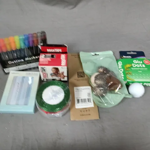 APPROXIMATELY 15 ASSORTED HOUSEHOLD ITEMS TO INCLUDE ROCKTAPE, OUTLINE MARKERS GLU DOTS, ETC