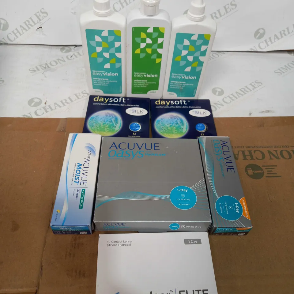 BOX OF ASSORTED MEDICAL APPLIANCES TOO INCLUDe , EYE LENSES AND EYE DROPS 