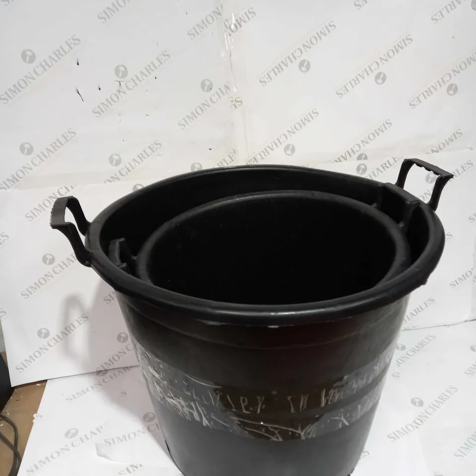 TWO LARGE BLACK PLASTIC BUCKETS WITH HANDLES - DIAMETERS APPROX 40CM AND 50CM