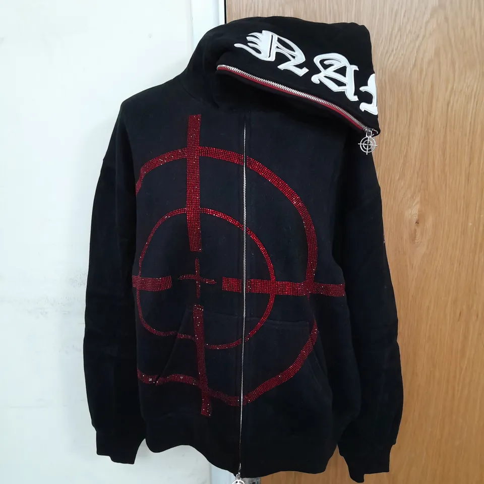 NAMED COLLECTIVE FULL ZIP EMBROIDERED AND RHINESTONED HOODIE IN BLACK WHITE AND RED SIZE S/M