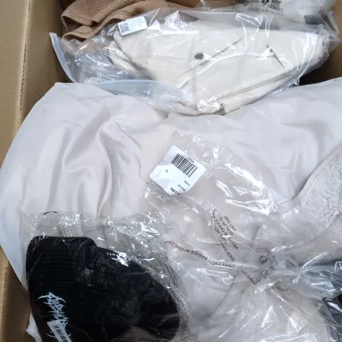 LARGE BOX OF APPROXIMATELY 25 ASSORTED CLOTHING ITEMS IN VARIOUS COLOURS, STYLES AND SIZES - COLLECTION ONLY