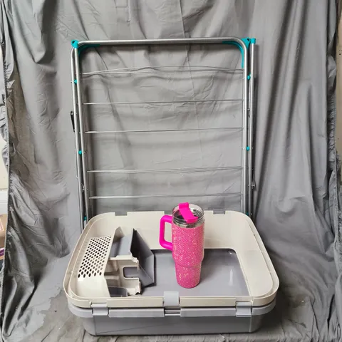 CAGE OF APPROXIMATELY 15 ASSORTED ITEMS TO INCLUDING CLOTHES MAIDEN, PINK SPARKLY FLASK, CAT TOILET ETC