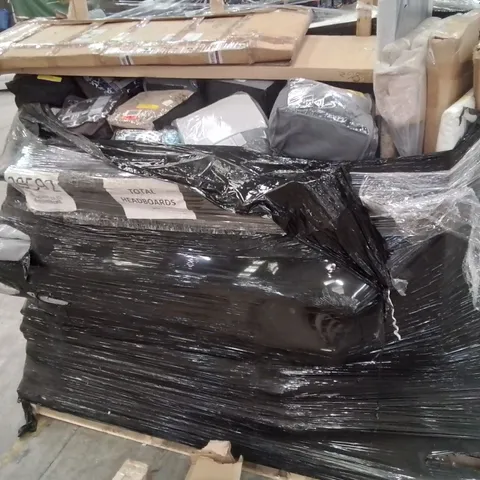 PALLET CONTAINING APPROXIMATELY 36 HEADBOARDS AND A SELECTION OF BEDDING, HOME FURNISHINGS ETC.