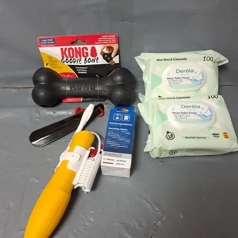 APPROXIMATELY 10 ASSORTED HOUSEHOLD ITEMS TO INCLUDE KONG BONE, MOIST TOILET TISSUE, DESCALING TABLET ETC 