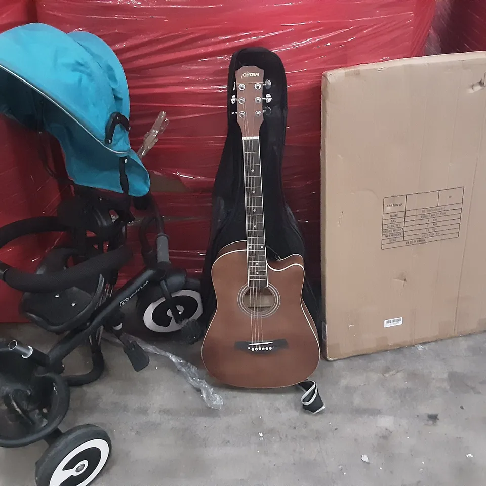 LARGE PALLET OF ASSORTED HOMEWARE ITEMS TO INCLUDE DESK, TRICYCLE, GUITAR ETC