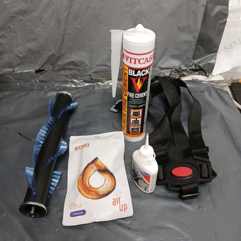 BOX OF APPROXIMATELY 20 HOUSEHOLD ITEMS TO INCLUDE - AIR UP POD - VACUUM CLEANER BRUSH ROLLER AND BLACK FIRE CEMENT