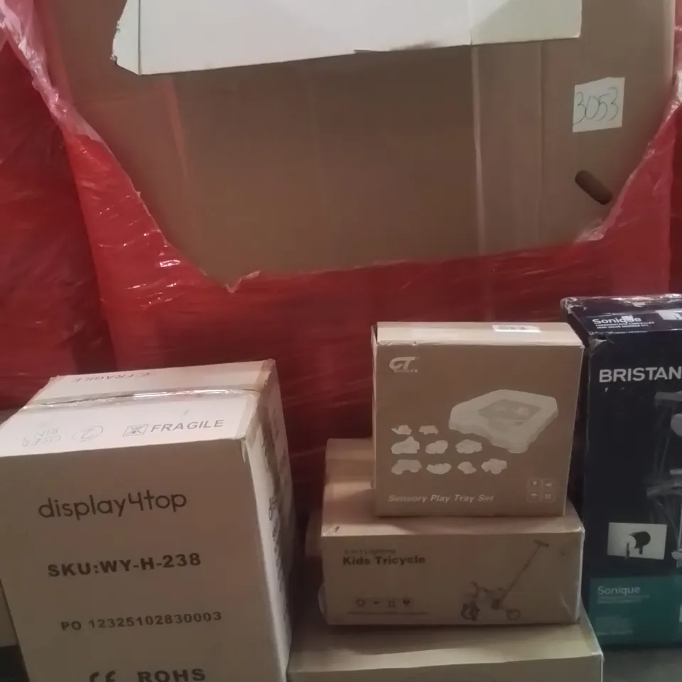 PALLET OF ASSORTED HOUSEHOLD GOODS AND PRODUCTS TO INCLUDE;CEILING FAN WITH LIGHT,TOILET LID,KIDS TRICYCLE, SHOWER KIT,FAN