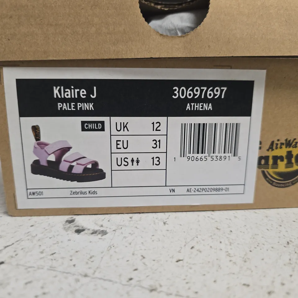 BOXED PAIR OF DR. MARTENS KLAIRE J ZEBRILUS KIDS SANDALS PALE PINK - UK 12