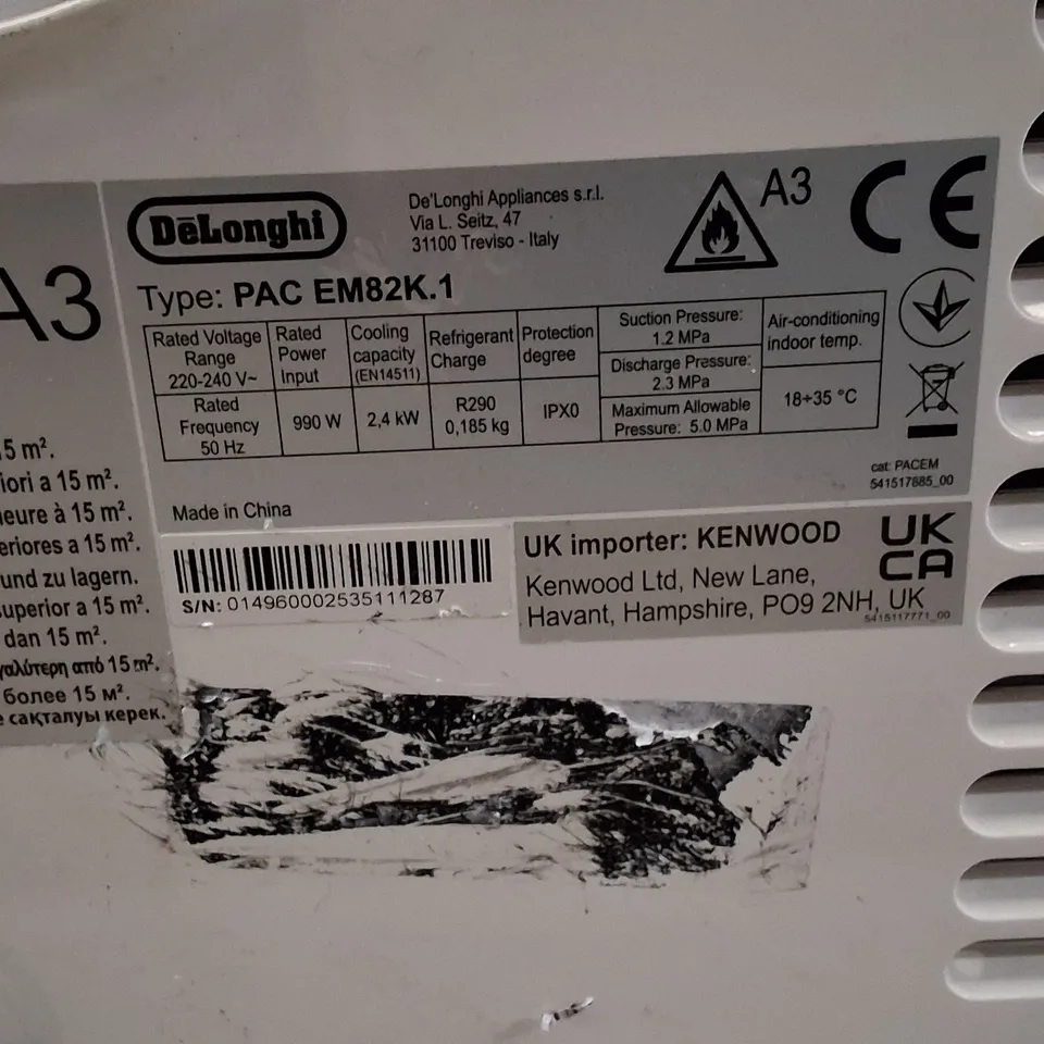 BOXED DE'LONGHI PINGUINO PAC EM82K.1 PORTABLE AIR CONDITIONER