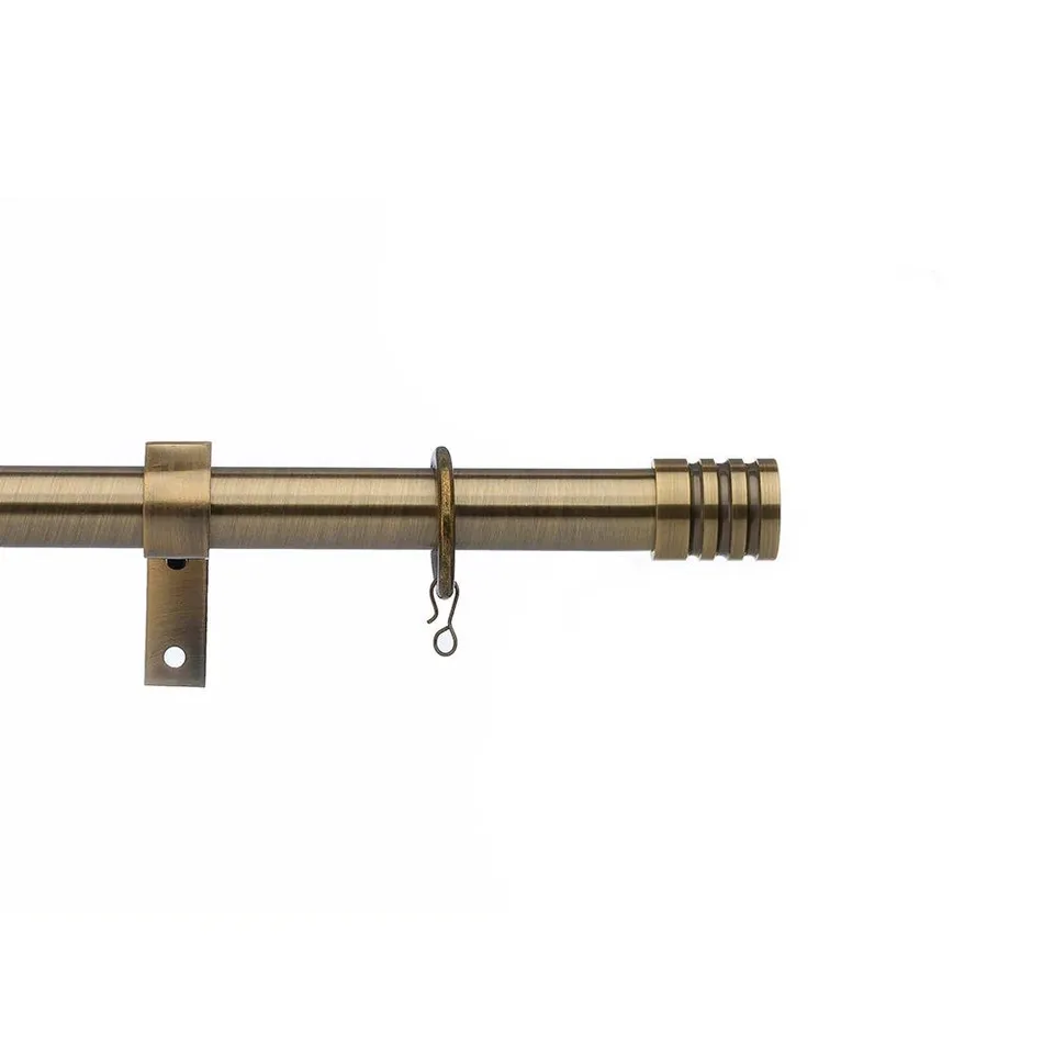 BRAND NEW BOXED SET OF 2 CURTAIN POLES, 16/19mm 180-320cm / BARREL FINIAL ANTIQUE BRASS - UN1619180STUD AB (1 BOX)