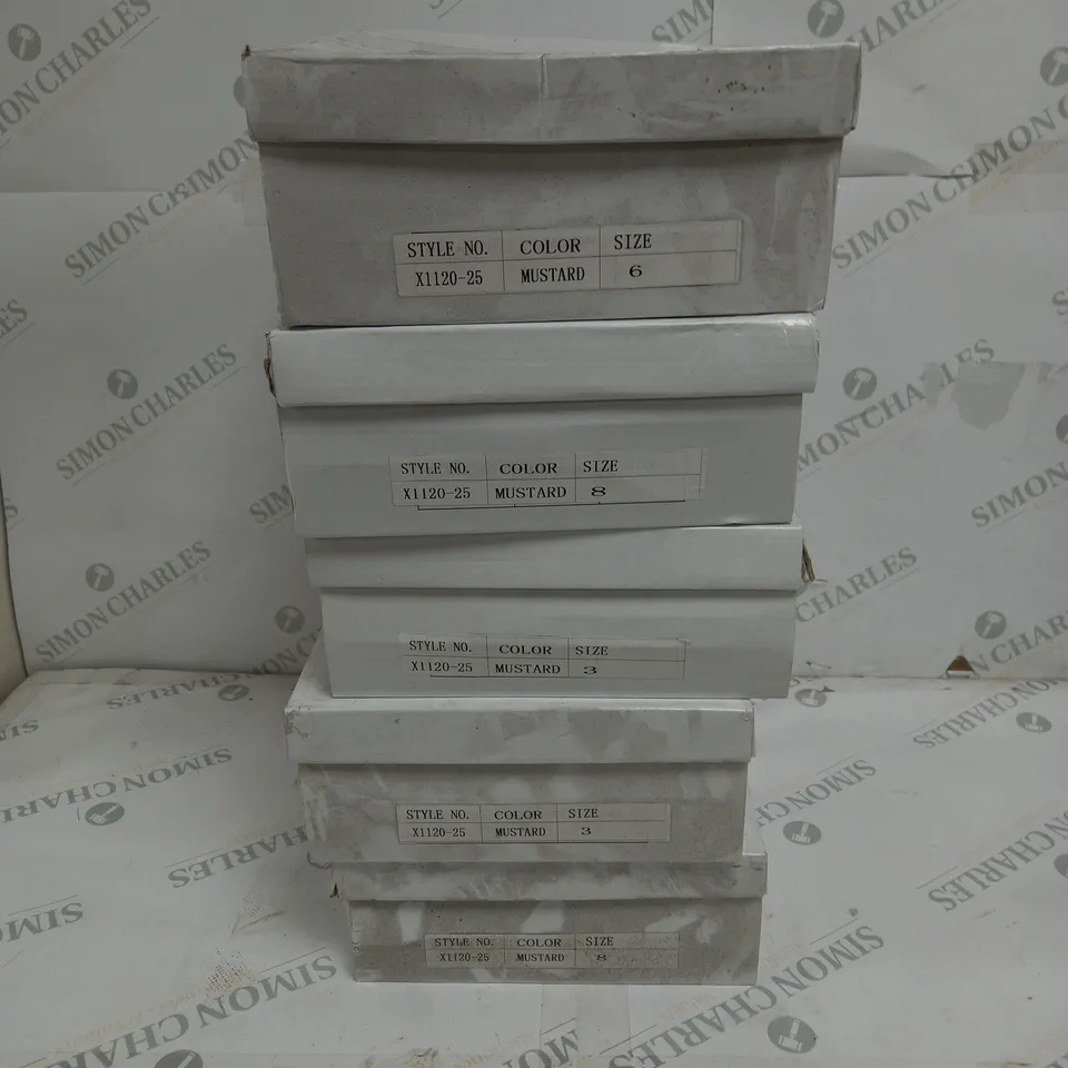 5 BOXED PAIRS OF KRUSH HEELED BOOTS IN MUSTARD TO INCLUDE SIZES 3, 6, 8 