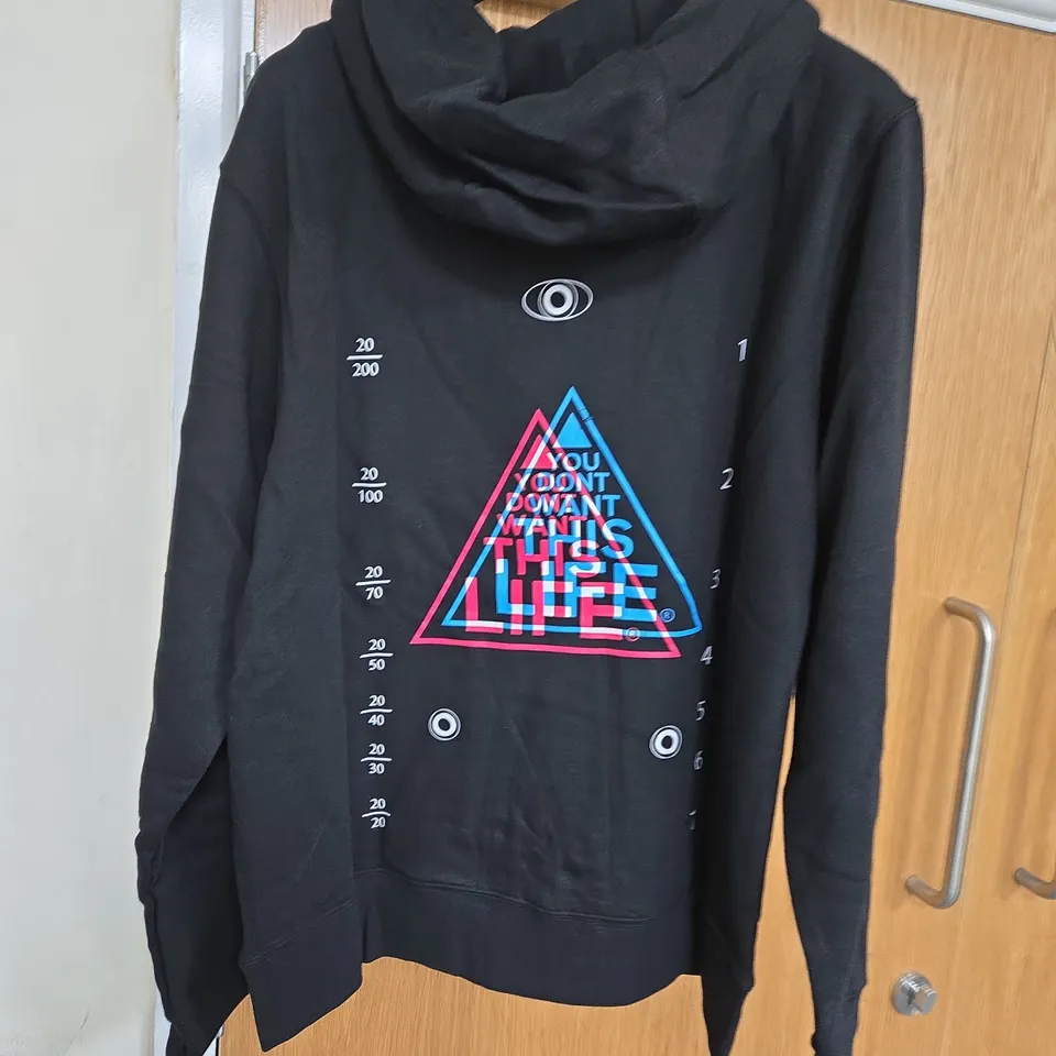 BLACK HOODIE WITH NEON TRIANGLE GRAPHIC – 'YOU DON'T WANT THIS LIFE' SIZE M