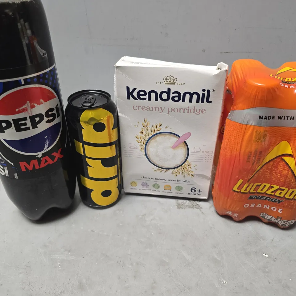 APPROXIMATELY 5 ASSORTED FOOD & DRINK ITEMS TO INCLUDE - KENDAMIL CREAMY PORRIDGE , LUCOZADE ORANGE , PEPSI MAX ETC