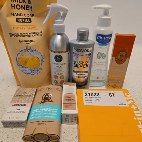 APPROX 12 ASSORTED BEAUTY PRODUCTS TO INCLUDE PROVOKE SHAMPOO, MUSTELA CLEANSING WATER, WELLA COLOR TOUCH TONER, ETC 