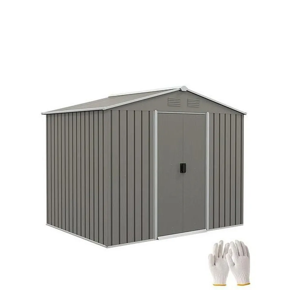BOXED OUTSUNNY 8 X 6FT OUTDOOR GARDEN STORAGE SHED WITH DOUBLE SLIDING DOOR, LIGHT GREY (2 BOXES)