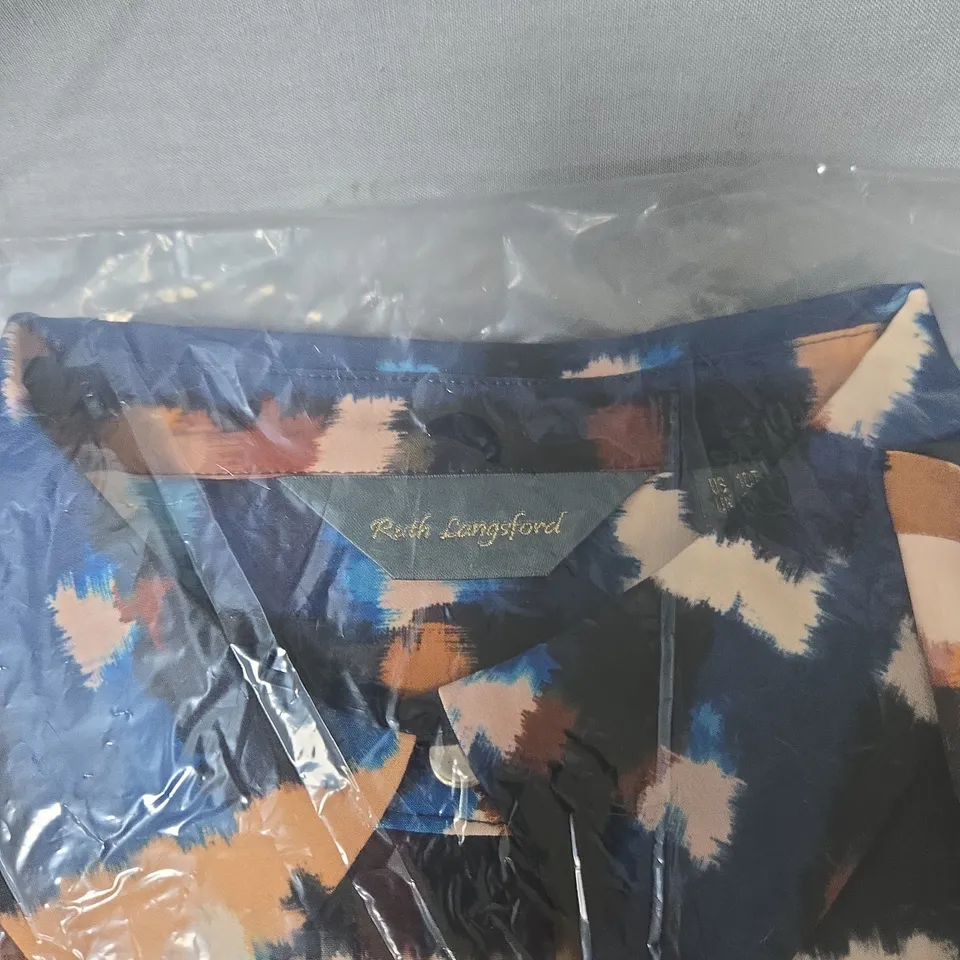 RUTH LANGSFORD UTITLITY SHIRT DRESS ABSTRACT PRINT BLOUSE - BLUE, BEIGE & NAVY. UK SIZE 14