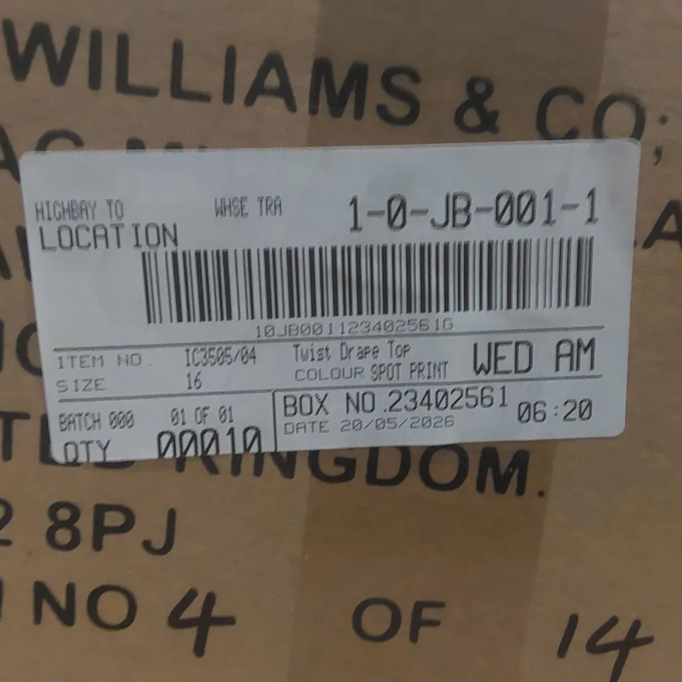 BOX CONTAINING APPROXIMATELY 10x BRAND NEW JD WILLIAMS SPOT PRINT TWIST DRAPE TOPS - SIZE 16