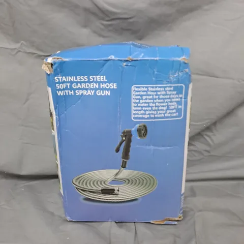 STAINLESS STEEL 50FT GARDEN HOSE WITH SPRAY GUN
