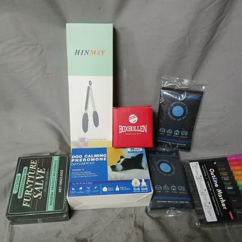 APPROXIMATELY 15 ASSORTED HOUSEHOLD ITEMS TO INCLUDE OUTLINE MARKER DOG CALMING PHEROMONE, 9 INCH FOOD TONGS, ETC