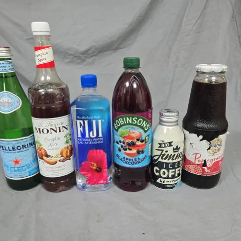 LOT OF APPROXIMATELY 45 ASSORTED DRINKS TO INCLUDE S.PELLEGRINO, FLAVOURED SYRUP AND FIJI WATER