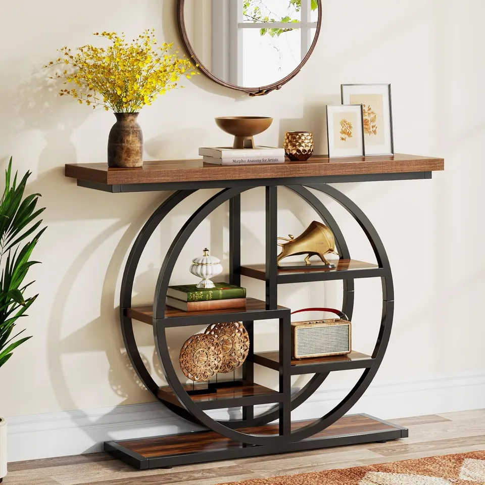 BOXED TRIBESIGNS 105 CM INDUSTRIAL 6-TIER CONSOLE TABLE ENTRYWAY TABLE WITH CIRCLE BASE, RUSTIC BROWN