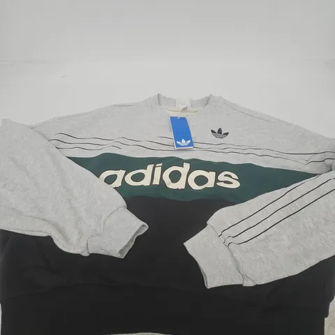 ADIDAS VARSITY CREW SWEATSHIRT β GREY MARL WITH STRIPE SLEEVES - SIZE UNSPECIFIED