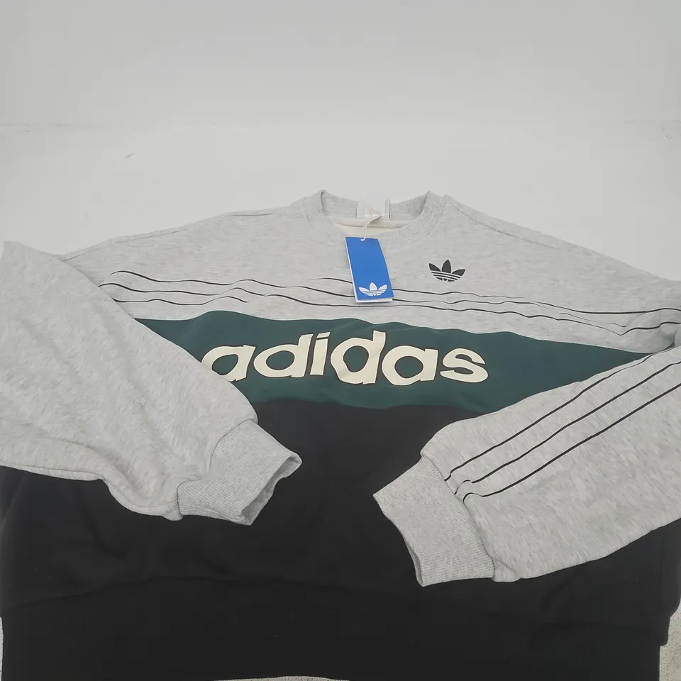 ADIDAS VARSITY CREW SWEATSHIRT – GREY MARL WITH STRIPE SLEEVES - SIZE UNSPECIFIED