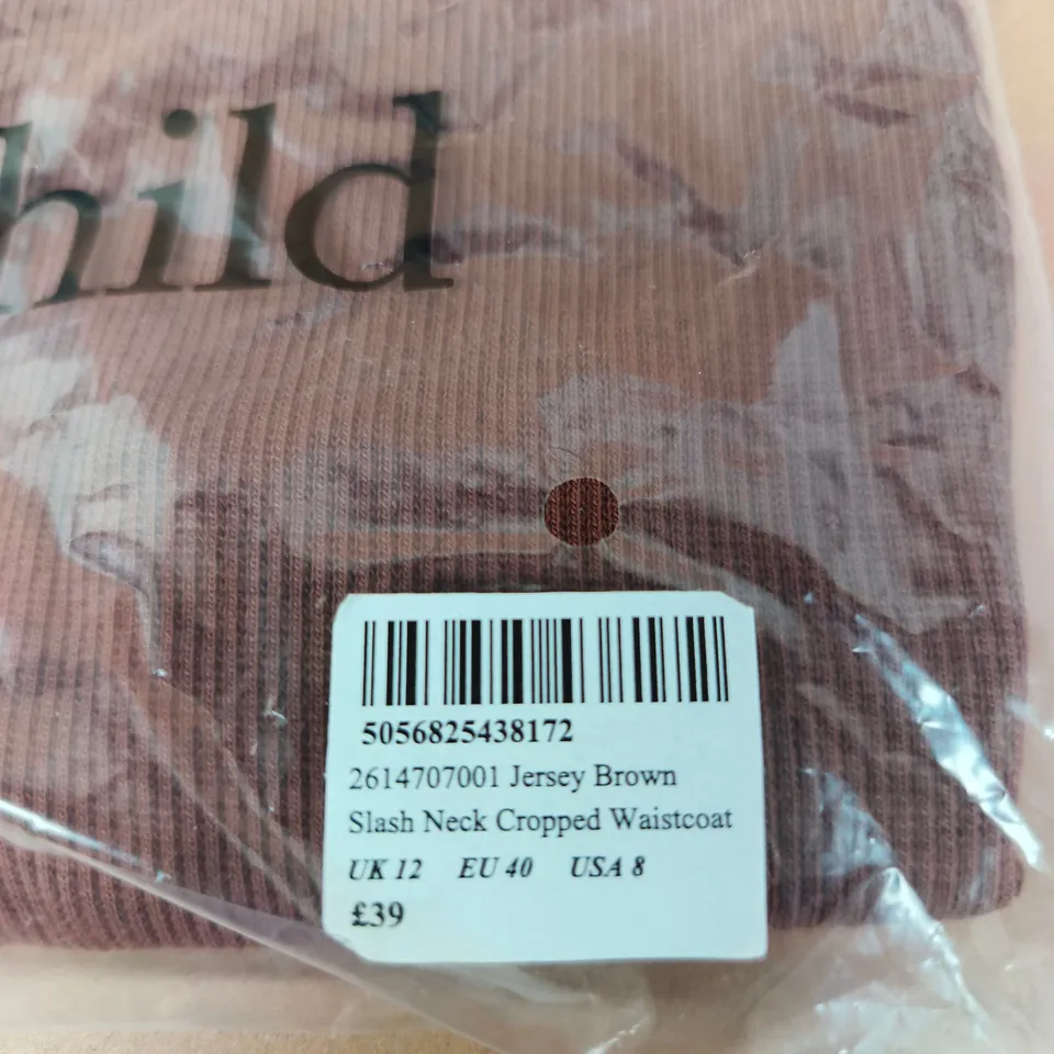 NOBODY'S CHILD JERSEY BROWN SLASH-NECK CROPPED WAISTCOAT – UK 12 